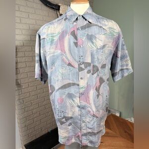 Vintage 90s Silk Abstract Print Button Down Shirt Large Retro Art
